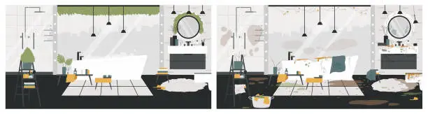 Vector illustration of Clean and dirty bathroom interior in home apartment, bath room before and after cleaning