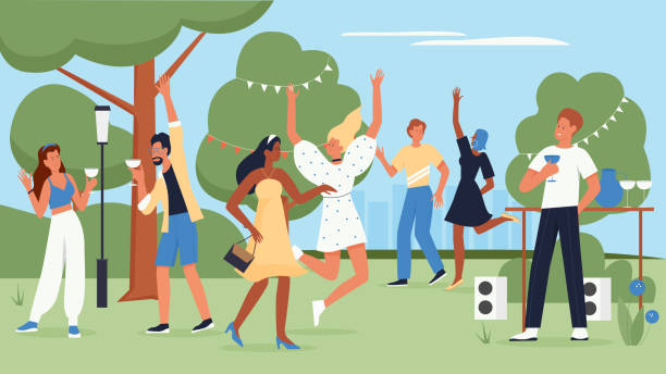 ilustrações, clipart, desenhos animados e ícones de pessoas felizes dançam música em festa divertida, multidão de jovens dançando e bebendo - music festival park friendship summer