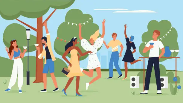 Vector illustration of Happy people dance to music at fun party, crowd of young man woman dancing and drinking