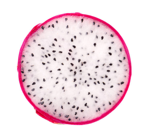 istock Dragon fruit isolated on white background. Slice of Pitaya or Pitahaya fruit with clipping path. Top view. 1335513115