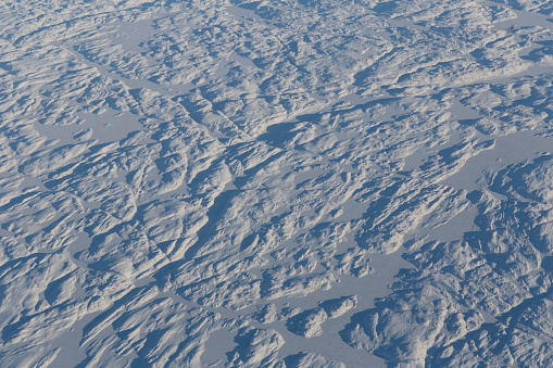Aerial view of the winter landscape in the Arctic.