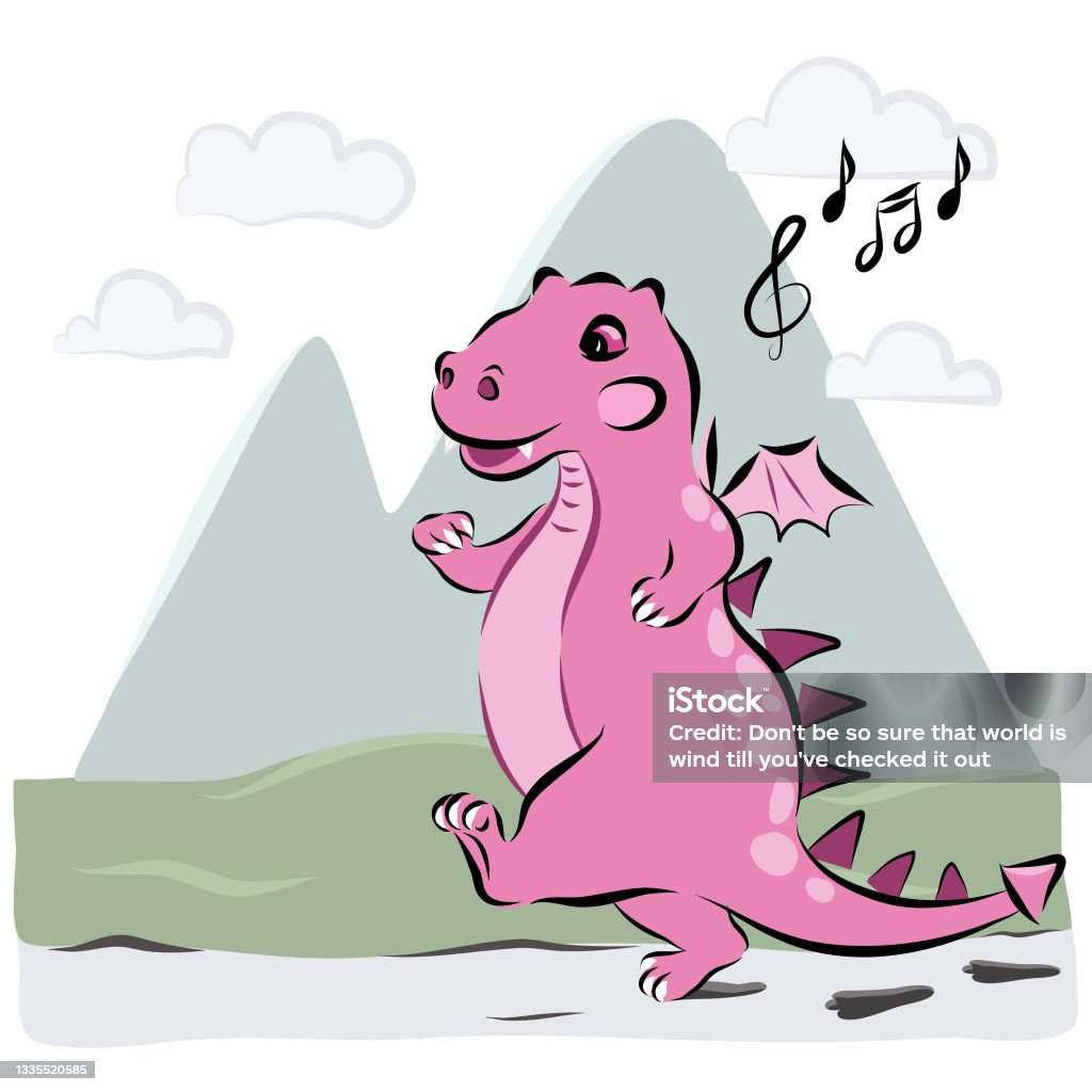 Pink Dinosaur Cartoon Character Vector Illustration Drawing Happy Huge Baby  Dino Walking And Singing With Music Score Green Grass Lawn Mountain And  Blue Cloud Sky Stock Illustration - Download Image Now - iStock