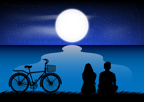 silhouette image A couple man and women sitting at the beach with Moon in the sky at night time design vector illustration