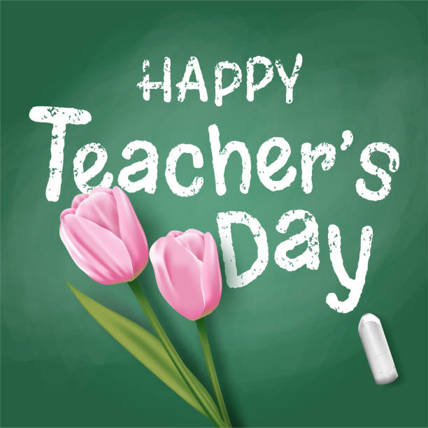 ilustrações, clipart, desenhos animados e ícones de feliz dia do professor com tulipas rosas no quadro negro. vetor - dia dos professores