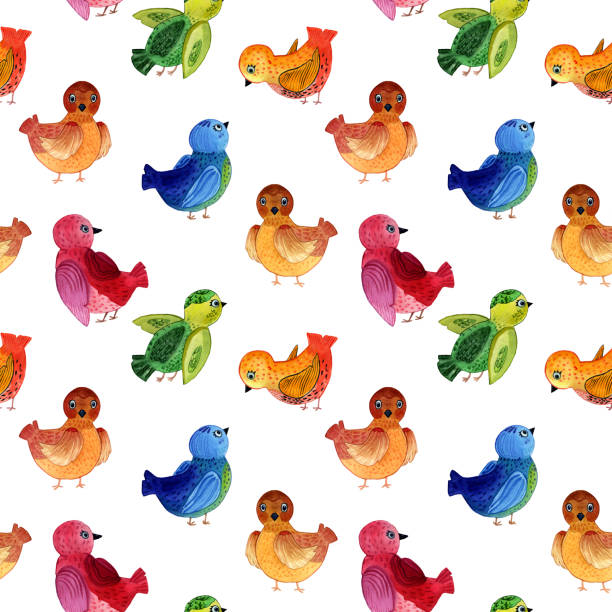 wzór akwarelowy z ptakami w stylu kreskówki, motyw dla dzieci - spring birdsong bird seamless stock illustrations