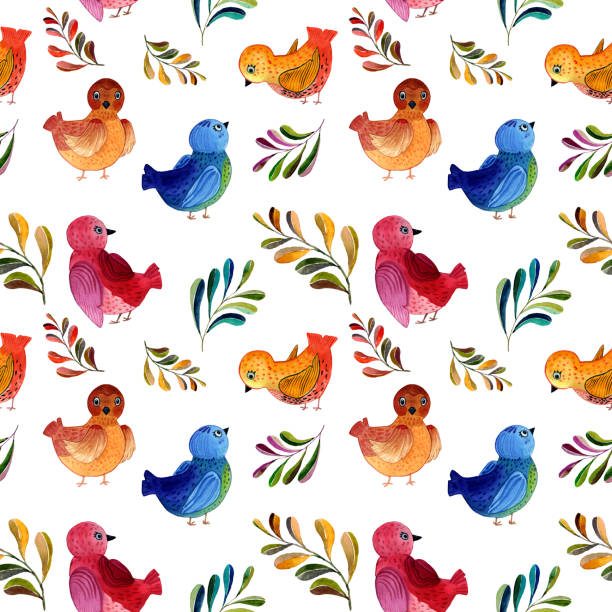 wzór akwarelowy z ptakami i gałązkami w stylu kreskówki w kolorach czerwono-zielono-niebieskim - spring birdsong bird seamless stock illustrations