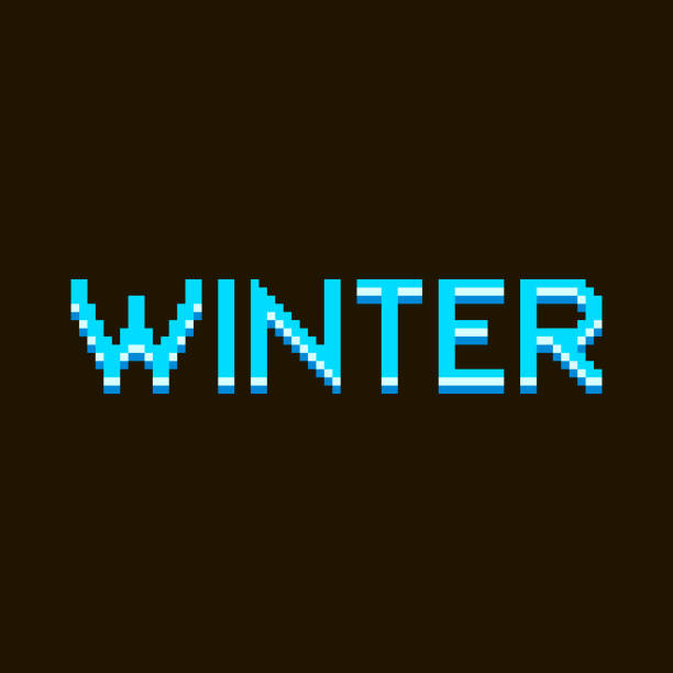 illustrazioni stock, clip art, cartoni animati e icone di tendenza di semplice illustrazione pixel art piatta di cartone animato blu ghiaccio iscrizione inverno su sfondo nero - vector frozen pixelated multi colored