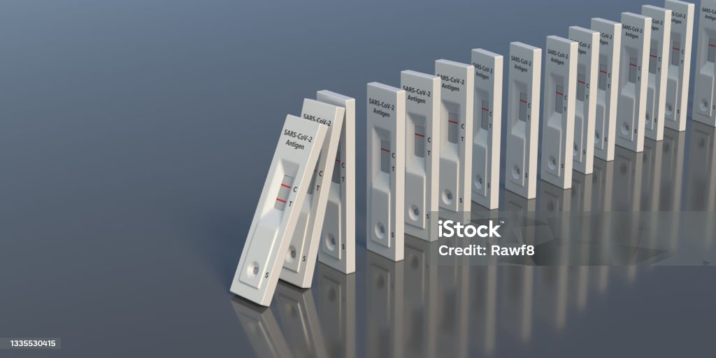 Covid 19 rapid self tests on gray color background. 3d illustration Covid 19 rapid tests, Coronavirus self testing at home, kits for detecting antibodies. Positive and negative result antigen self tests on gray color background, 3d illustration Coronavirus Stock Photo