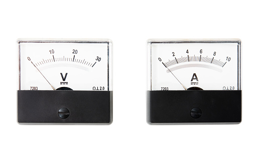Analogue ammeter and voltmeter isolated on white background.