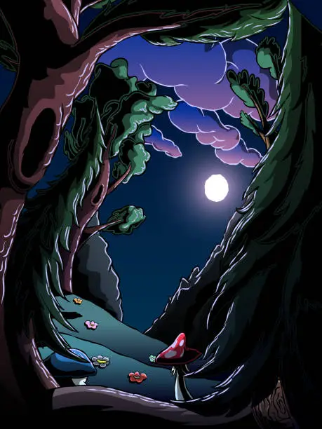 Vector illustration of Surreal Curved Landscape - Fairy Forest.