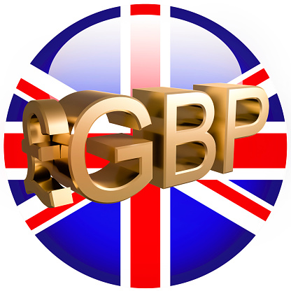 Gilded GBP pound sterling symbol against the background of the UK flag. Finance concept. Rendering 3D. Isolated