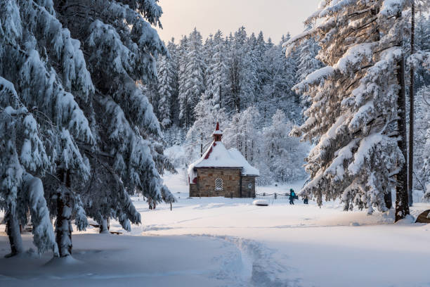 Chapel on Murinkovy vrch in winter Moravskoslezske Beskydy mountains on czech - slovakian borders Chapel on Murinkovy vrch with frozen trees around in winter Moravskoslezske Beskydy mountains on czech - slovakian borders beskid mountains photos stock pictures, royalty-free photos & images