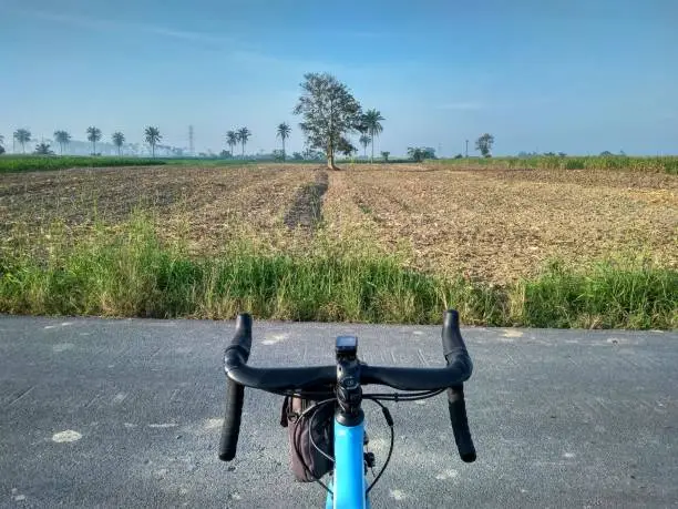 View of a harvested garden in a village in Indonesia from a bicycle handlebar perspective