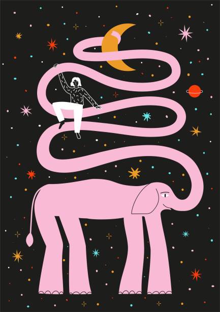 ilustrações, clipart, desenhos animados e ícones de ilustração vetorial com elefante rosa, menina e estrelas. - teenage girls ideas blue yellow