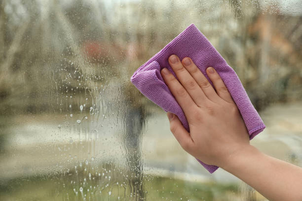 istock Woman cleaning window at home, closeup view 1335544924