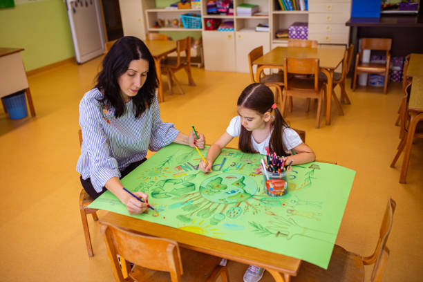 istock Teacher with her student making the poster for the Earth day 1335545615