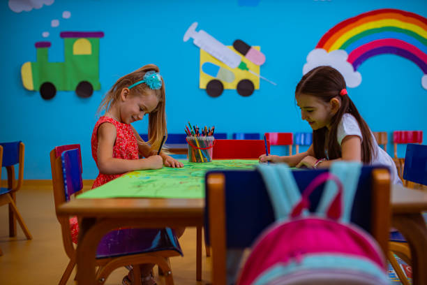istock Creative preschool girls, making a poster for the Earth day 1335546122