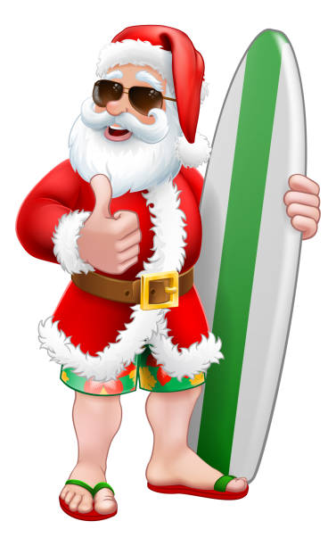 ilustraciones, imágenes clip art, dibujos animados e iconos de stock de santa surf shades tabla de surf de dibujos animados de navidad - christmas humor fun art
