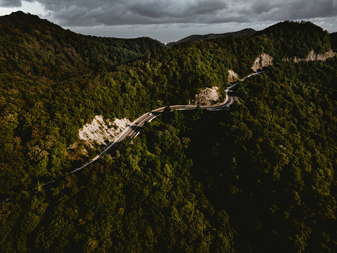 Winding road in the mountains. Aerial view