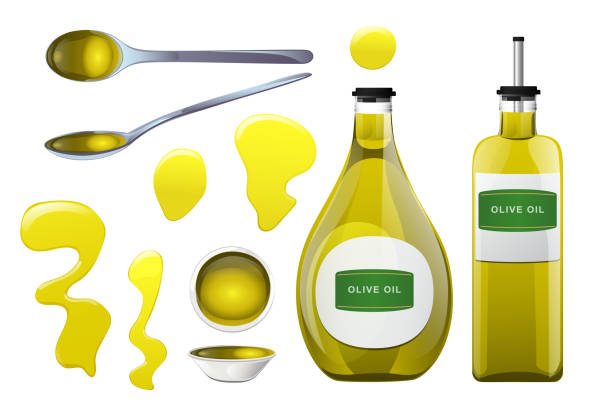 illustrazioni stock, clip art, cartoni animati e icone di tendenza di bottiglia di vetro all'olio d'oliva - cooking oil olive oil nutritional supplement spoon