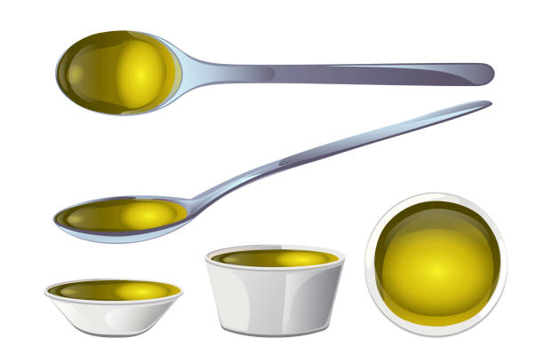 ilustrações de stock, clip art, desenhos animados e ícones de yellow olive oil in bowl and spoons - cooking oil olive oil nutritional supplement spoon