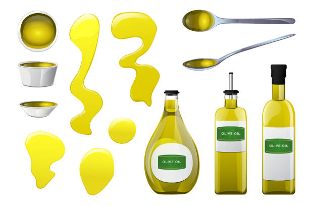 ilustrações de stock, clip art, desenhos animados e ícones de olive oil glass bottle - cooking oil olive oil nutritional supplement spoon