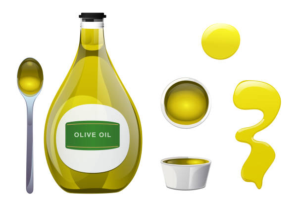 illustrazioni stock, clip art, cartoni animati e icone di tendenza di bottiglia di vetro all'olio d'oliva - cooking oil olive oil nutritional supplement spoon