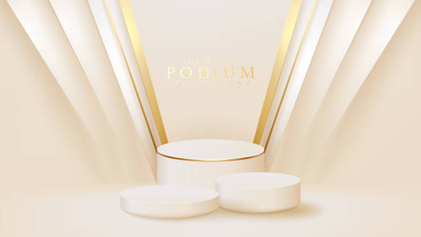 istock Realistic white display stand with golden diagonal lines scene, podium showing product for promotion sales and marketing. luxury style background. 3d vector illustration. 1335552938