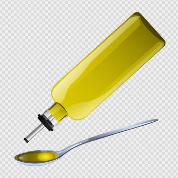 ilustrações de stock, clip art, desenhos animados e ícones de olive oil glass bottle - cooking oil olive oil nutritional supplement spoon