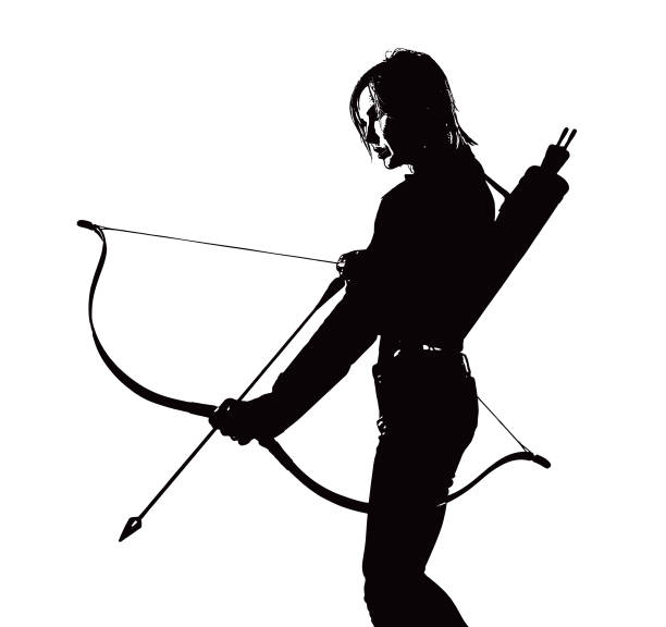 ilustrações de stock, clip art, desenhos animados e ícones de adult woman aiming bow and arrow - duotone aiming hunter bow and arrow