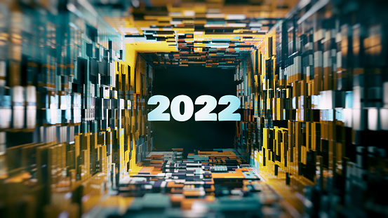 Abs 2022 year technology background - 3d rendered stylized image new years event. From 2021 to 2022. Technology, futuristic, cybercurrency, blockchain concept. No people. Happy new year!