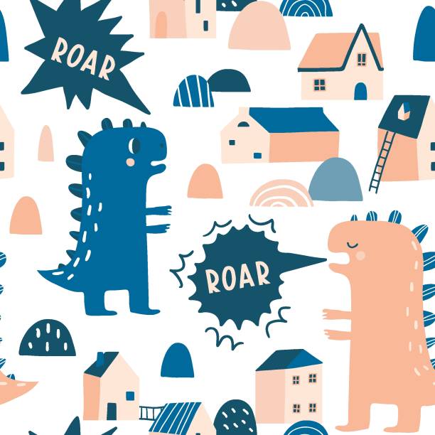 Dino roar seamless pattern. Dino roar seamless pattern. Cartoon monster dinosaur destroying houses, city, town. Cute and funny vector texture for childish textile, paper, nursery design. Hand drawn wild big animal drawing of the destroyed city stock illustrations
