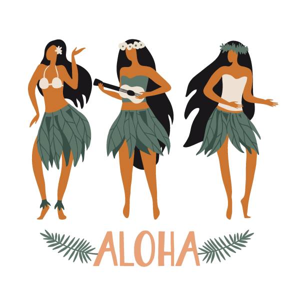 Hawaiian girls are dancing hula and playing ukulele Hawaiian girls are dancing hula and playing ukulele. Aloha text. Cute card print or poster for Hawaiian holidays. Vector illustration. Funny character, flat cartoon style summer design with lettering french overseas territory stock illustrations