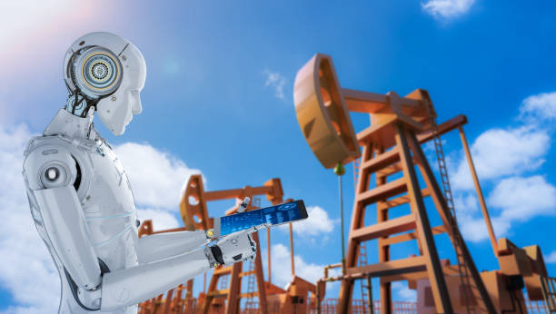 istock Petroleum technology concept with robot and crude oil pump 1335556882