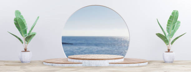 istock Beach decoration Wooden product display podium for presentation. 1335558191