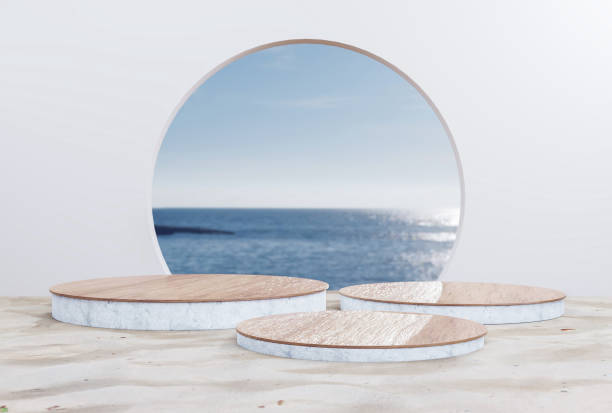 decorazione estiva spiaggia podio in legno per la presentazione. - santorini greece villa beach foto e immagini stock