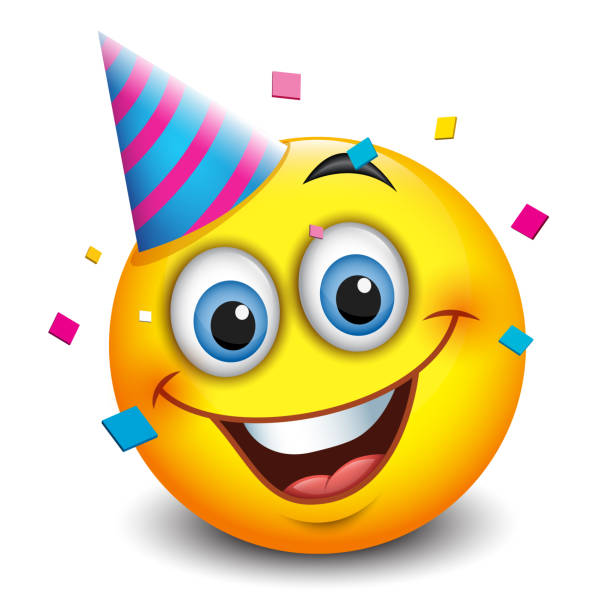 Cute party emoji, happy face with birthday hat and confetti - isolated vector illustration Cute party emoji, happy face with birthday hat and confetti good job emoji stock illustrations