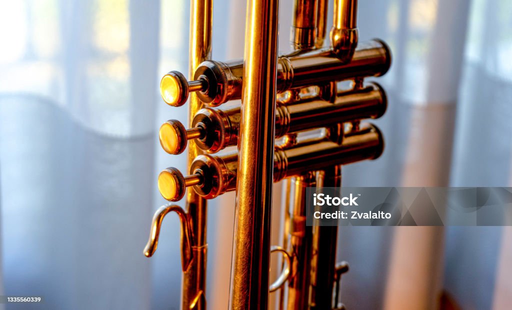 trumpet pistons trumpet buttons that allow the musician to control the sounds on the instrument Bell Stock Photo