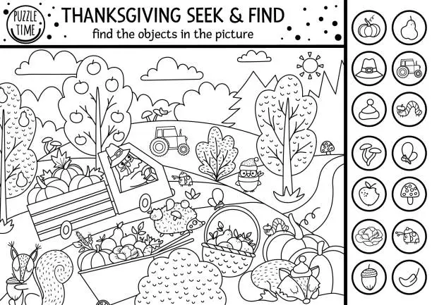 Vector illustration of Vector black and white Thanksgiving searching game or coloring page with cute turkey in the field. Spot hidden objects. Simple seek and find s outline autumn or farm printable activity
