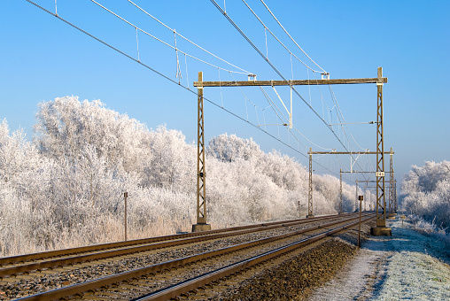 Railroad tracks in a winter landscape.