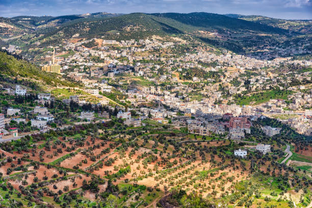 vista aérea de la ciudad de ajloun desde el castillo de rabad, jordania - house landscaped beauty in nature horizon over land fotografías e imágenes de stock