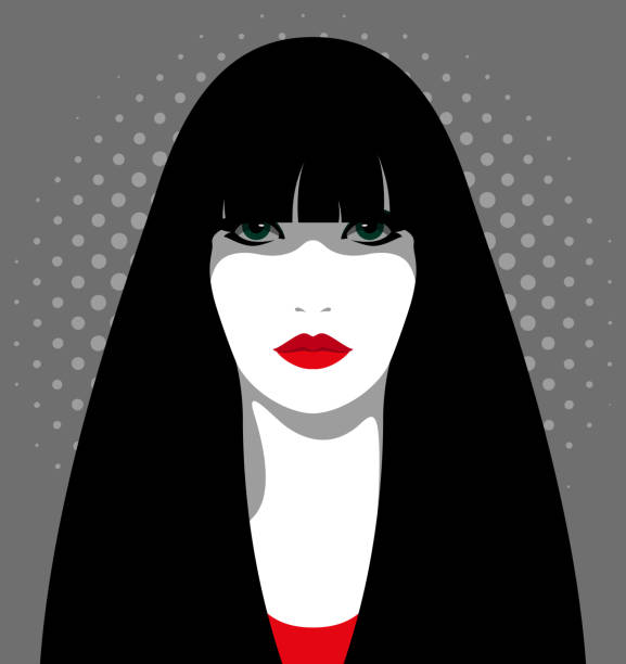Mysterious woman with long black hair Mysterious woman with long black hair, long bangs or long fringe, dark green eyes and red lips again dotted background bangs hair stock illustrations