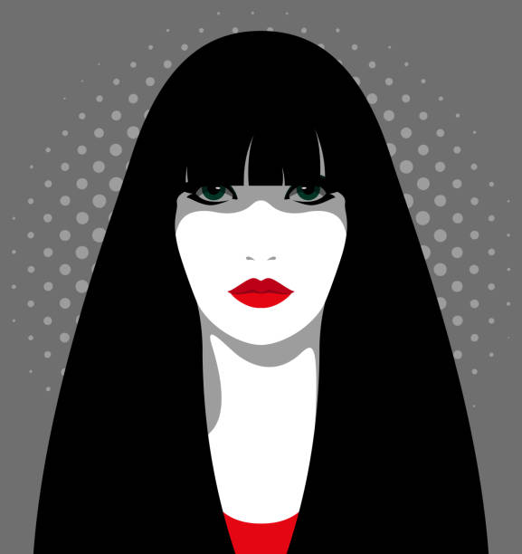 Mysterious woman with long black hair Mysterious woman with long black hair, long bangs or long fringe, dark green eyes and red lips again dotted background bangs stock illustrations