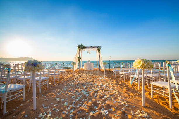 istock Beautifully arranged seaside wedding table and chairs set. 1335564957