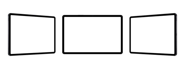 czarne makiety tabletów z pustymi ekranami poziomymi - ipad 3 ipad white digital tablet stock illustrations