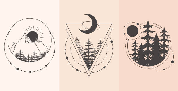 bildbanksillustrationer, clip art samt tecknat material och ikoner med set of mountain and forest landscape in tattoo style. vector illustration - moon forest