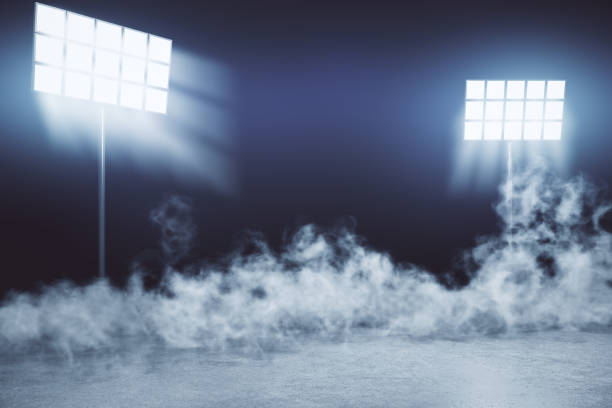istock Creative interior with professional lighting equipment and smoke. Photo studio and stage concept. 3D Rendering. 1335572203