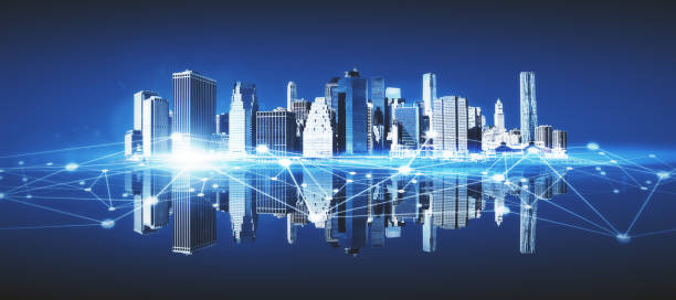 istock Abstract city skyline with reflections and polygonal network. Communication and urban digital transformation. 3D Rendering. 1335572732