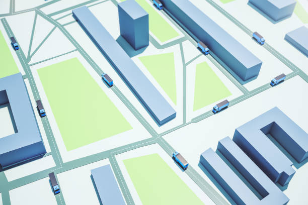 Abstract 3D Rendering route with blue truck vehicles. Delivery and cargo concept