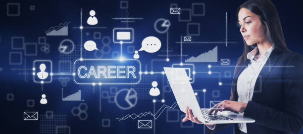 istock Businesswoman using notebook with creative business sketch with charts and graphs on blue background. Career, success, training, technology, communication, finance and solution concept. 1335588134